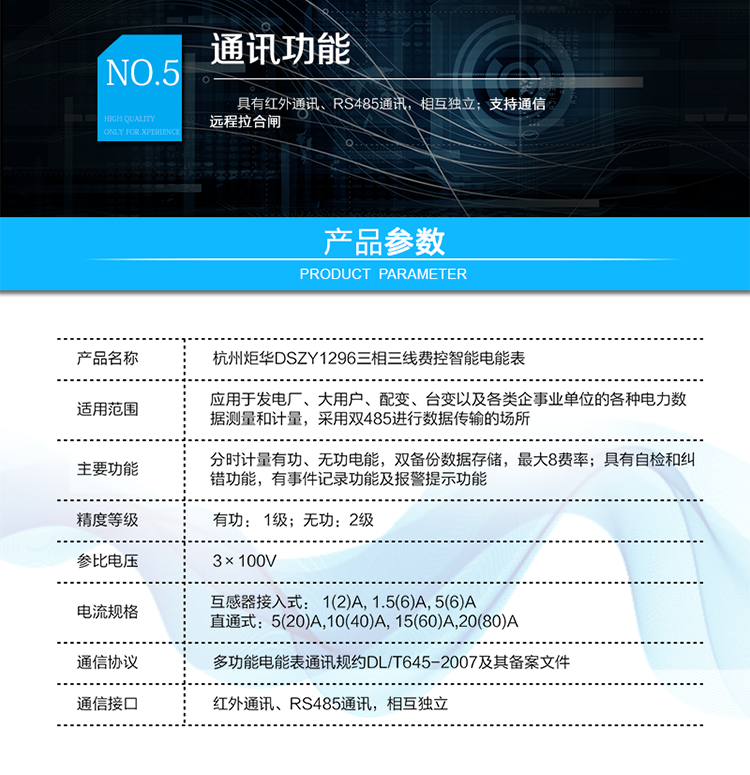 DSZY1296 三相三線1級費控智能電能表
產品標準:
?GB/T 17215.211-2006《交流電測量設備 通用要求、試驗和試驗條件 第11部分：測量設備》
?GB/T 17215.321-2008《交流電測量設備 特殊要求21部分：靜止式有功電能表（1級和2級）》
?GB/T 17215.323-2008《交流電測量設備 特殊要求23部分：靜止式無功電能表（2級和3級）》
?GB/T 17215.301-2007《多功能電能表特殊要求》
?Q/GDW 1354-2013《智能電能表功能規范》
?Q/GDW 1356-2013《三相智能電能表型式規范》
?Q／GDW 1827-2013《三相智能電能表技術規范》
?Q／GDW 1365-2013《智能電能表信息交換安全認證技術規范》
?DL/T 645-2007《多功能電能表通信協議》